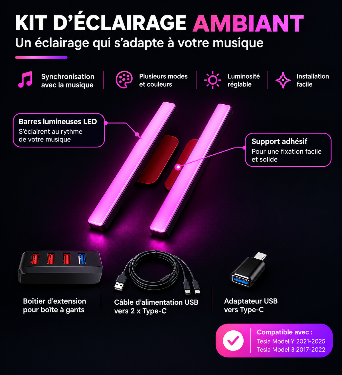 Barre lumineuse d’intérieur pour Tesla Model 3 et Model Y